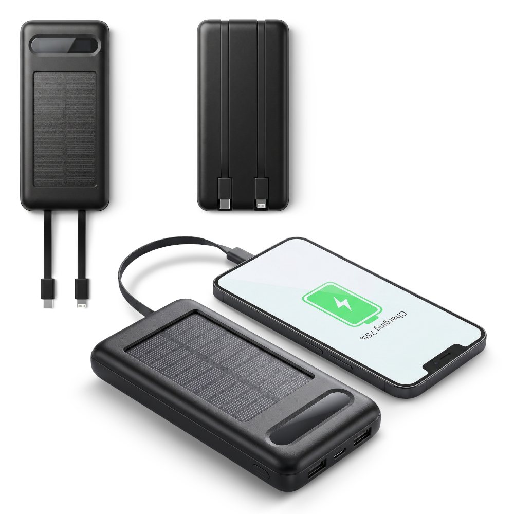 Power bank con panel solar y cables integrados